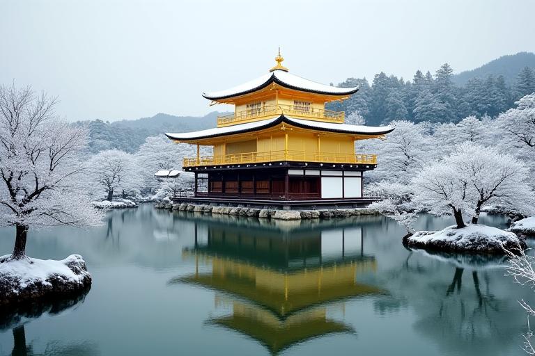 雪に覆われた金閣寺