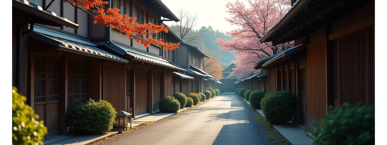 京都の古民家が並ぶ静かな通り。伝統的な雰囲気が漂う