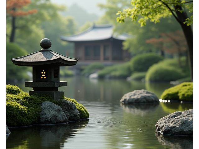 京都の古民家と美しい庭園、静かに座っている人影、若返りの精神を象徴する穏やかな雰囲気