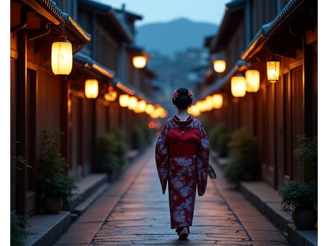 夕暮れの祇園を散策するゲイシャの後ろ姿
