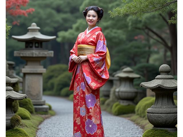 京都の庭園で着物を着てポーズをとる女性