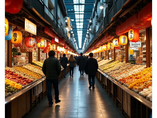 賑やかな錦市場、様々な屋台が並び、人々が行き交う